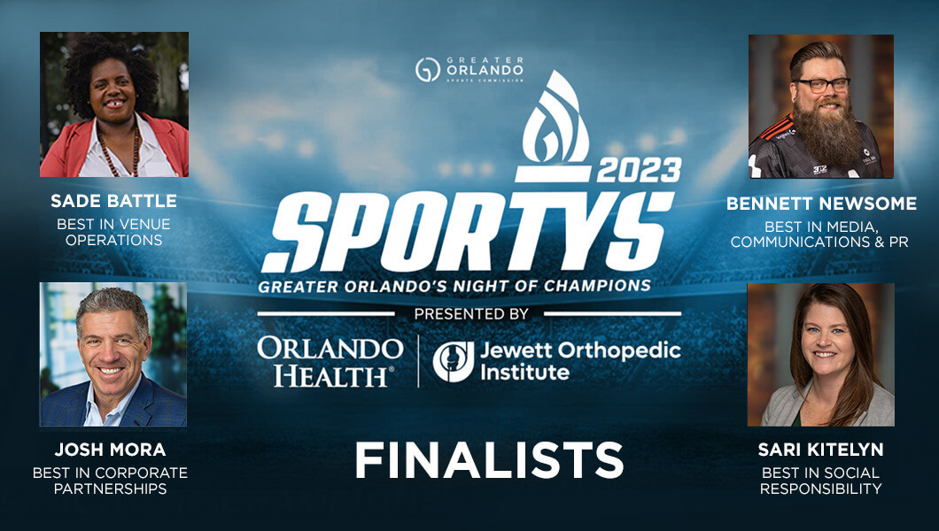 A blue graphic with the SPORTY’s 2023 logo in white and the word “Finalists” along with photos of the four nominees from Full Sail University.