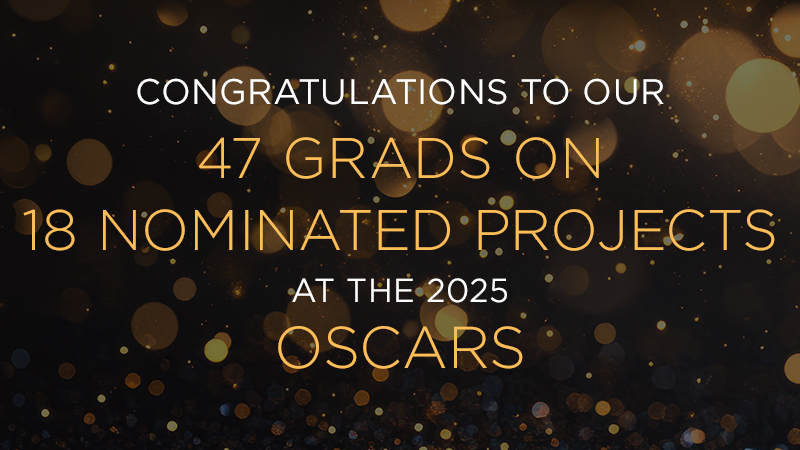 "2025 Academy Awards” is shown in white and gold text in front of a dark background with a subtle gold and white design