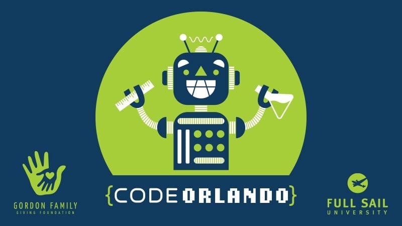 A drawing of a smiling robot holding a test-tube and a ruler. The bottom of the image features the logos for the Gordon Family Giving Foundation, CodeOrlando, and Full Sail University.