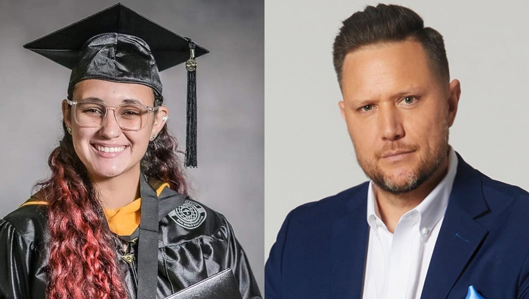 A split photo with Full Sail grad Isabel Álvarez on the left and Jason Ross on the right. Isabel is wearing a graduation cap and gown and Jason is wearing a blue suit.