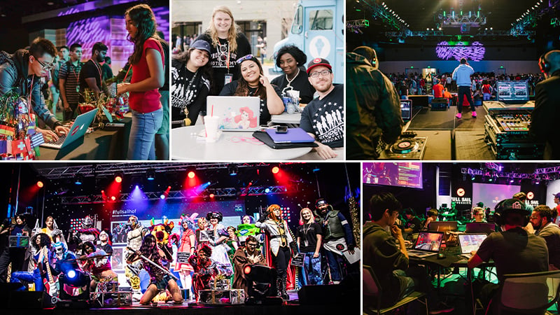 Collage of students attending on-campus events, including a concert, cosplay costume content, and esports event.